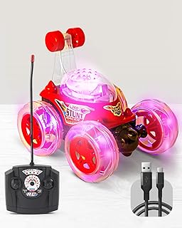 لعبة سيارة بهلوانية قابلة لإعادة الشحن بمنفذ USB للأطفال، سيارة بجهاز تحكم عن بعد للأولاد والبنات، سيارة بهلوانية قابلة لإعادة الشحن بزاوية 360 درجة مزودة بموسيقى وأضواء، لون أحمر، لسن سنتين فما فوق