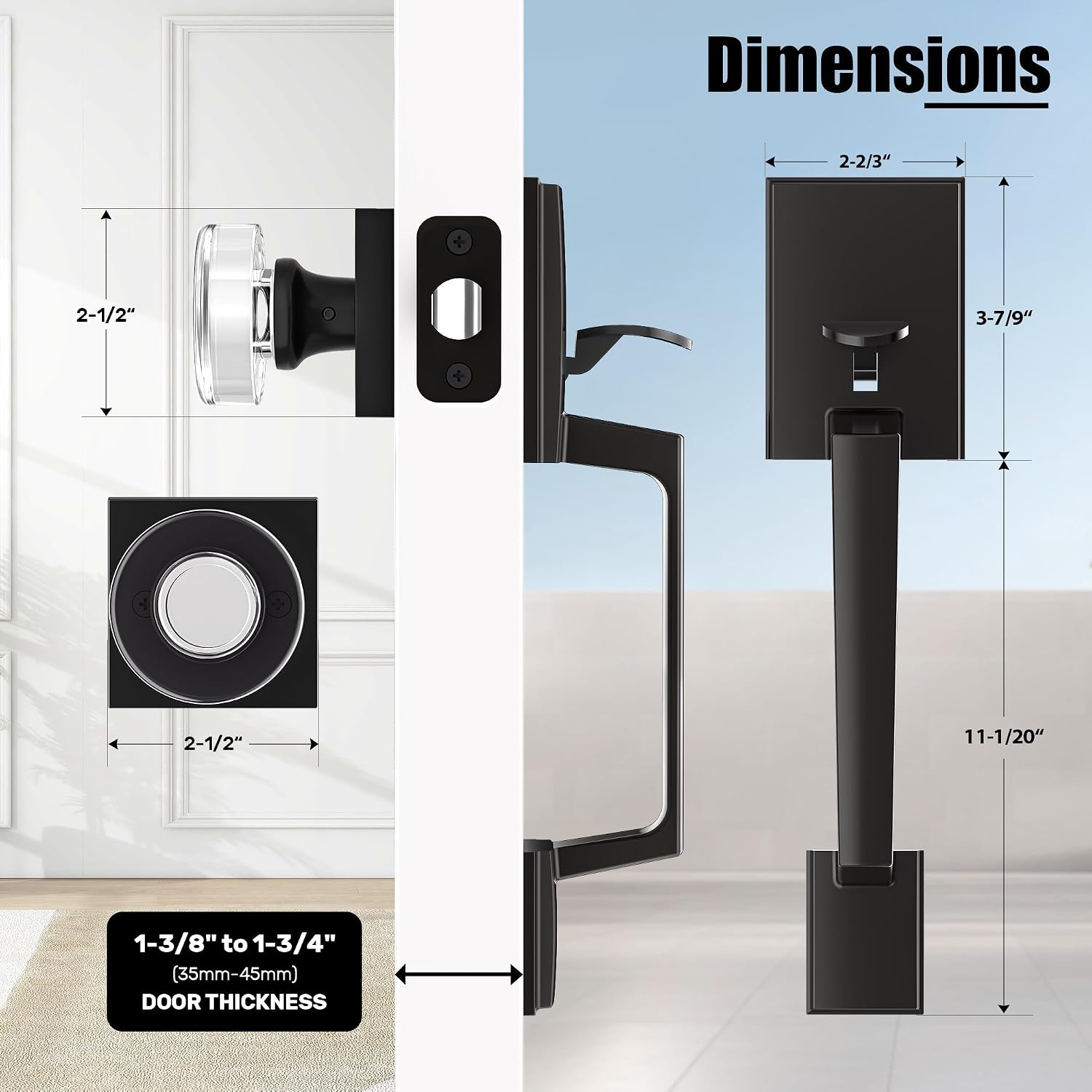 Front Door Handle No Lock, Entry Handleset with Glass Passage Knob, Matte Black,Deadbolt Not Included