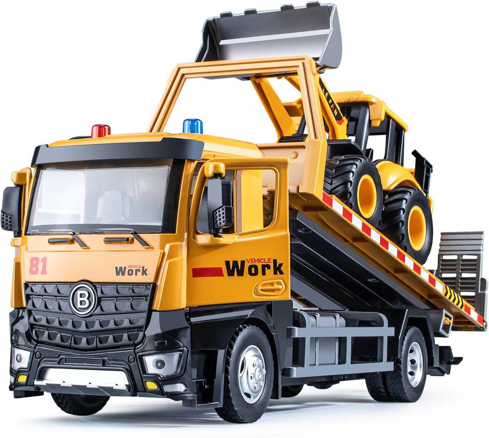 HAPYAD Tow Truck Toy Metal Cab, Flatbed Toys for Boys with Backhoe Loader, Friction Powered Transport Trailers Lights and Siren Sounds, Construction Vehicles Kids 12.5'', Yellow (JD-8318)