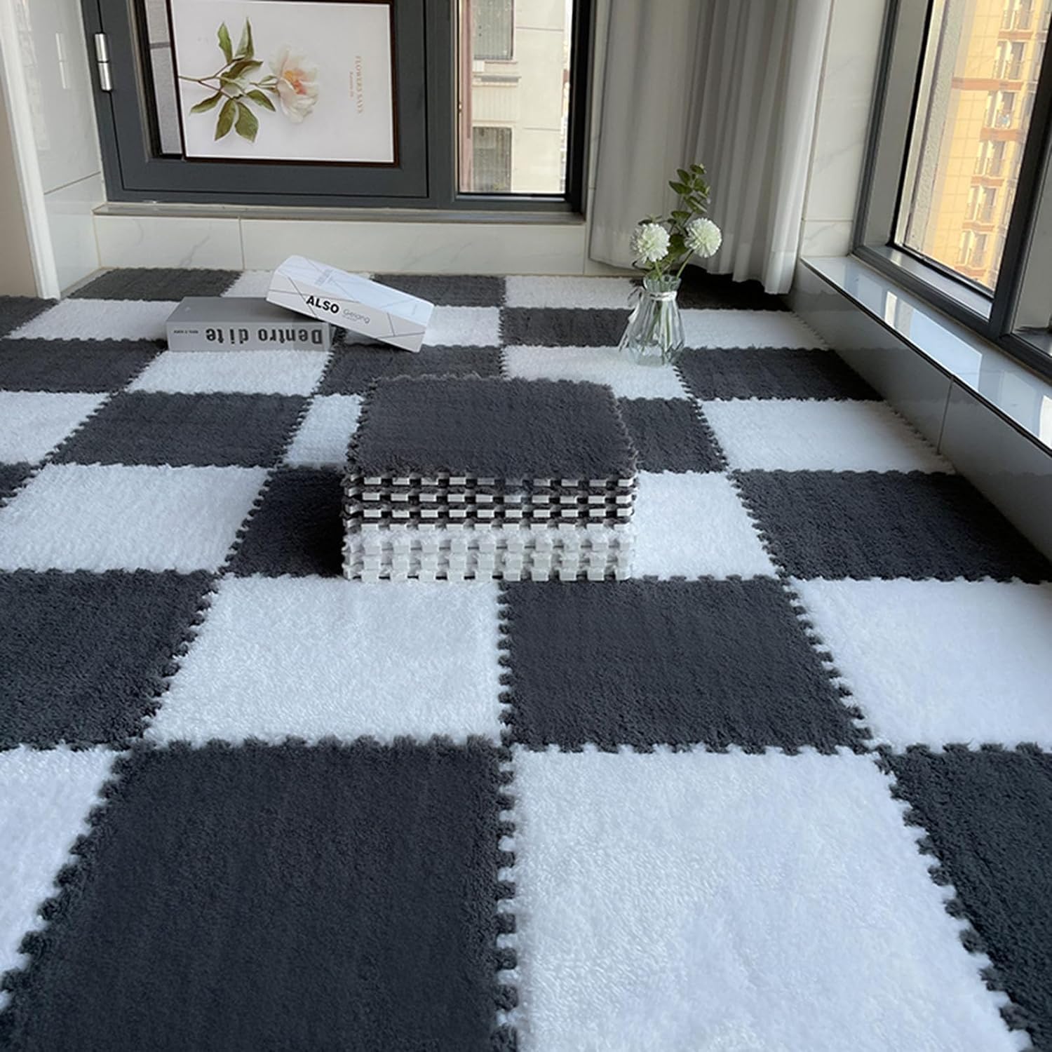 RGKJAS EVA Foam Interlocking Puzzle Mat – Waterproof, Shock-Absorbing, Non-Slip Protective Exercise Tiles for Home Gym, Workout Space, Kid's Playroom & Equipment Flooring in (White/Grey 10-Piece Set)