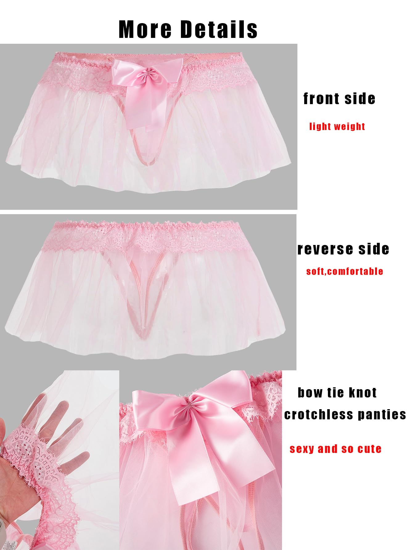 OYOANGLE Women's Mesh Babydoll Lingerie Cute Bow Tie Ruffle Lace Trim Thong Panty Low Rise Underwear