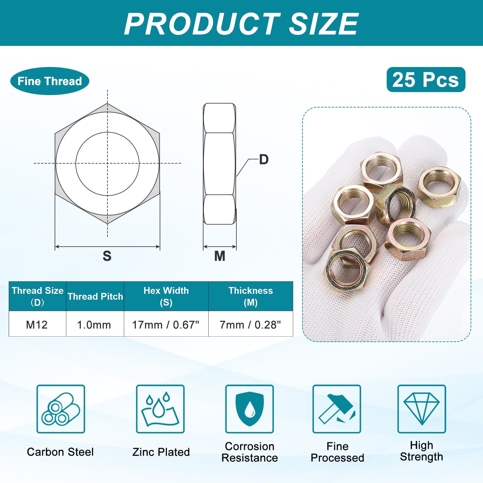 PATIKIL M12x1x7mm Steel Hex Nuts - Image 2