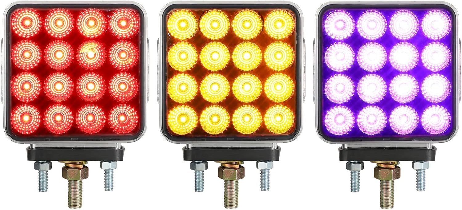 Partsam 2x Dual Revolution Amber/Red/Purple Square Double Face 38 Diode Marker/Turn Signal and Auxiliary Led Pedestal Light with Chrome Housing Sealed Replacement for Kenworth/Peterbilt/Freightliner