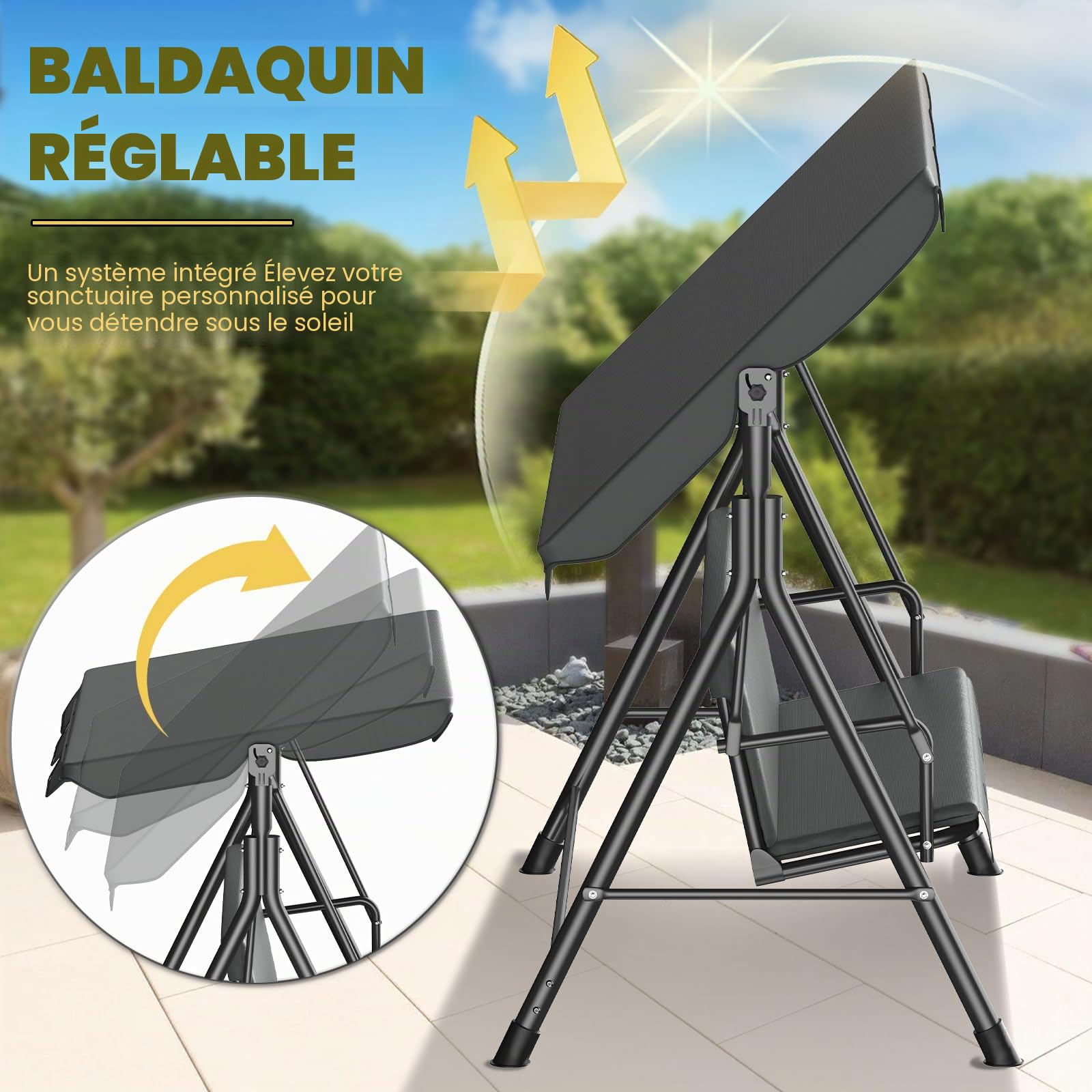 Balancelle Jardin 3 Places,Chaise à Bascule avec Toit Pare-Soleil et Coussin Amovible,Chaise de Jardin,Structure Métallique Stable,Charge 270 kg,Banc à Bascule pour Extérieur,175x110x152cm,Anthracite