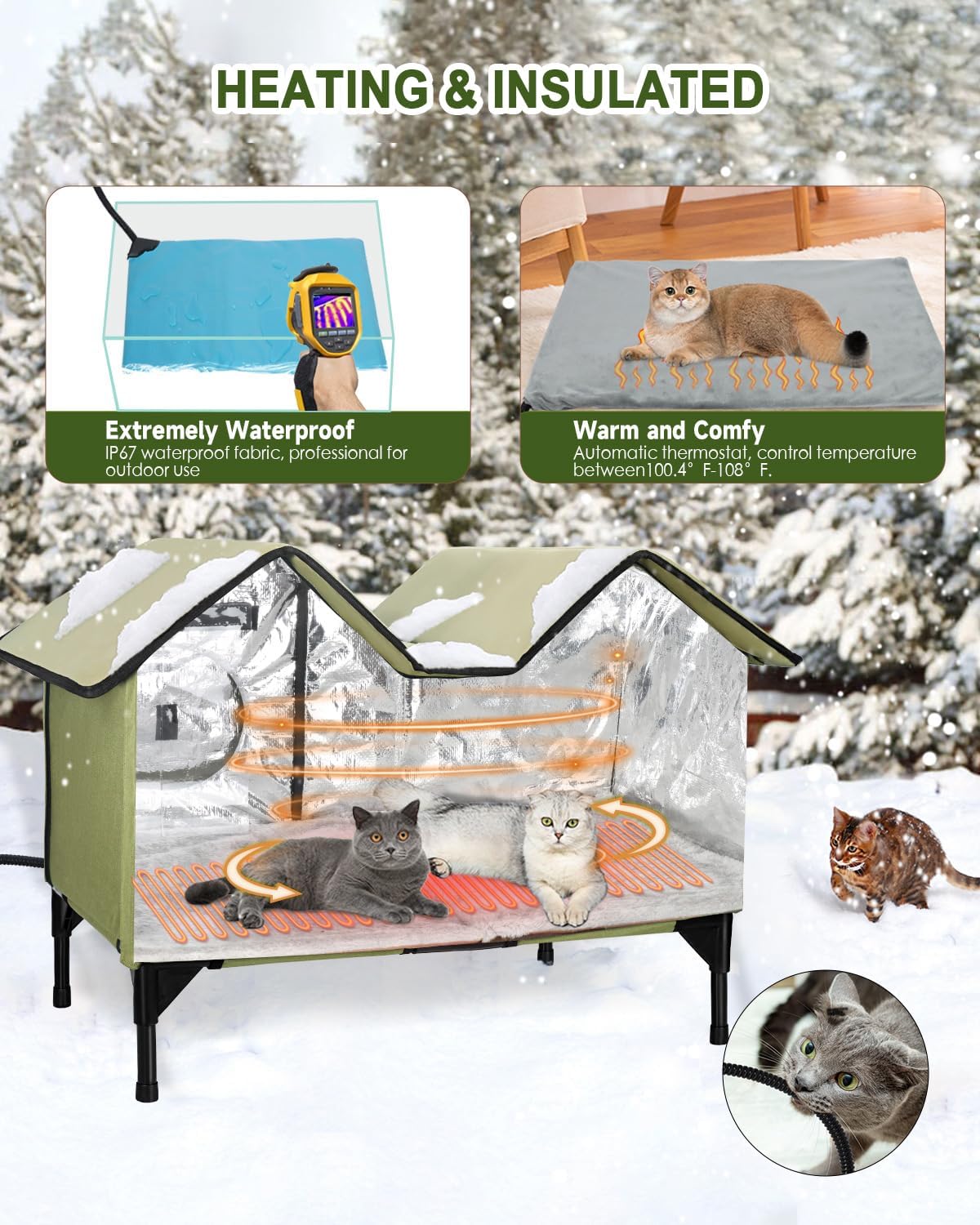 Extra Large Heated Cat House for Outside in Winter, Elevated Heated Outdoor Cat House Weatherproof with Heating pad, Insulated Outdoor Cat Shelter for Multiple Cats Small Dogs(Green)