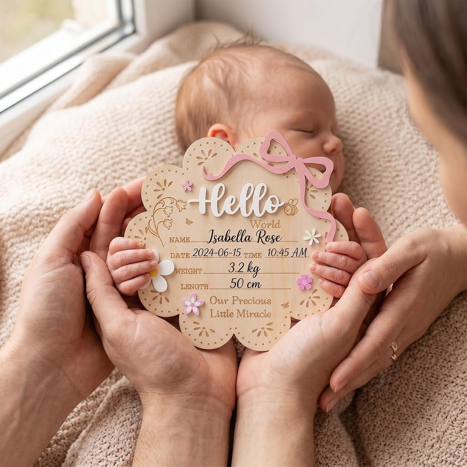 Hello World Wooden Baby Birth Announcement Sign, Floral Butterfly Bee Newborn Sign, Name Announcement Board, Newborn Photo Prop for Baby Shower Hospital Nursery Decor Baby Girl