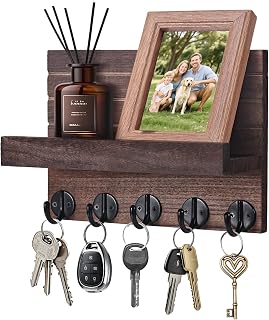 Schlüsselbrett mit Ablage, Dekoratives Holz Wandregal, Schlüsselbrett Holz, mit 5 Schlüsselhaken, für Eingang, Flur, Schlafzimmer, Wohnzimmer (Braun)
