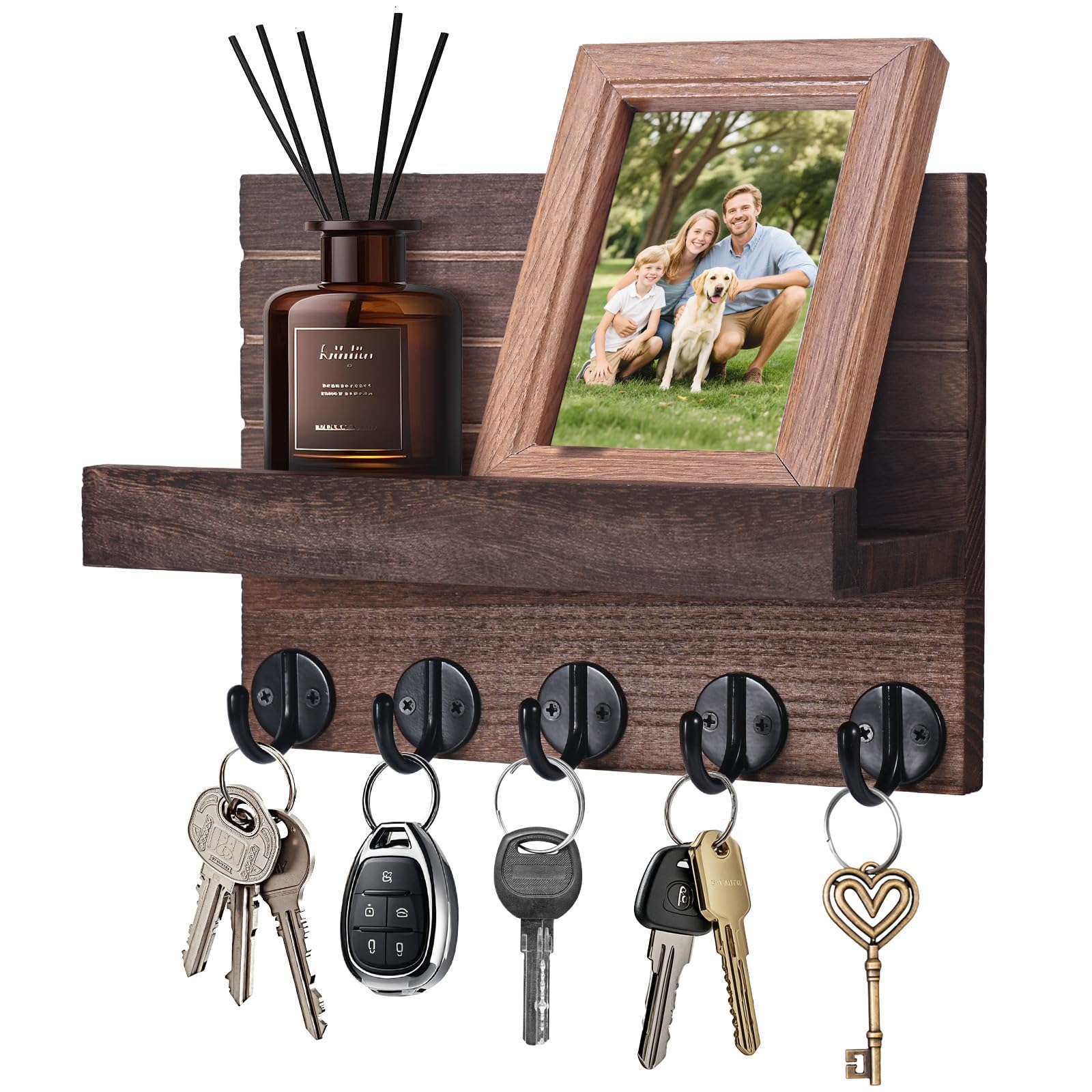 Llavero de Madera para Pared, Portallaves de Madera, Ganchos para Llaves Montados en la Pared, Organizador Llaves con 5 Ganchos para Llaves, para Llaves, Cartas, Periódicos (Marrón)