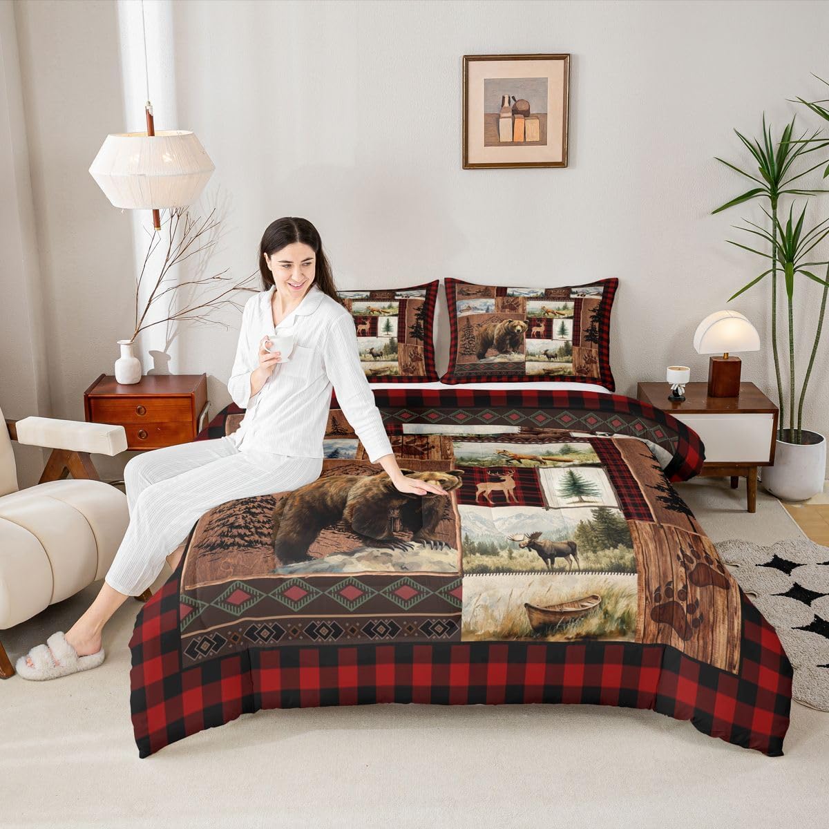 Feelyou Cabin Bear Comforter Set Queen Size Lodge Rustic Deer Bedding Set for Boys Girls Farmhouse Wildlife Duvet Quilt Country Boho Bedroom Decor Buffalo Check Checkered Wooden with 2 Pillow Cases