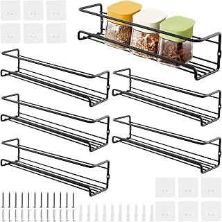 6 Tier Wall Mounted Spice Rack 29x6.5cm Black Carbon Steel Spice Rack Organizer with Screws and Self Adhesive Hooks for Kitchen Cabinet