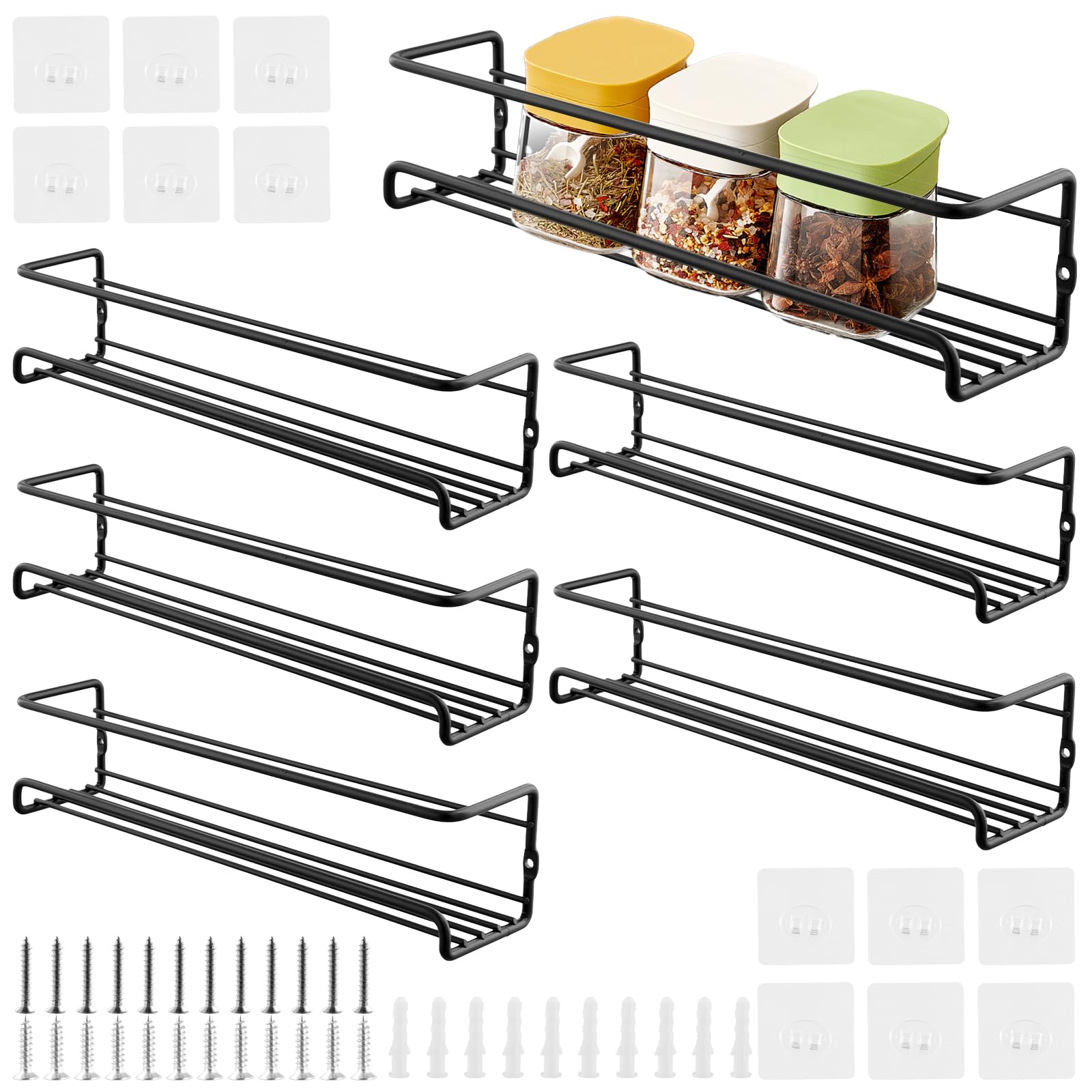 CHIHEUNG Spice Racks Wall Mounted, 6 Tier Adhesive Spice Rack with Screws, Hanging Spice Organiser for Kitchen Cupboard