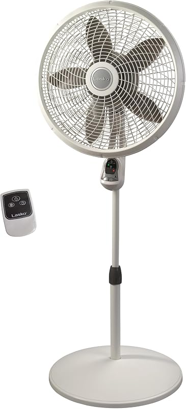 Lasko Cyclone Ventilador de pedestal, altura ajustable, control remoto, temporizador, 3 velocidades, para dormitorio, cocina, oficina y sala de estar, 18", blanco, 1885, grande | Altura ajustable, tecnología de seguridad con enchufe azul, temporizador, 3 velocidades, para dormitorio, cocina, oficina, sala de estar