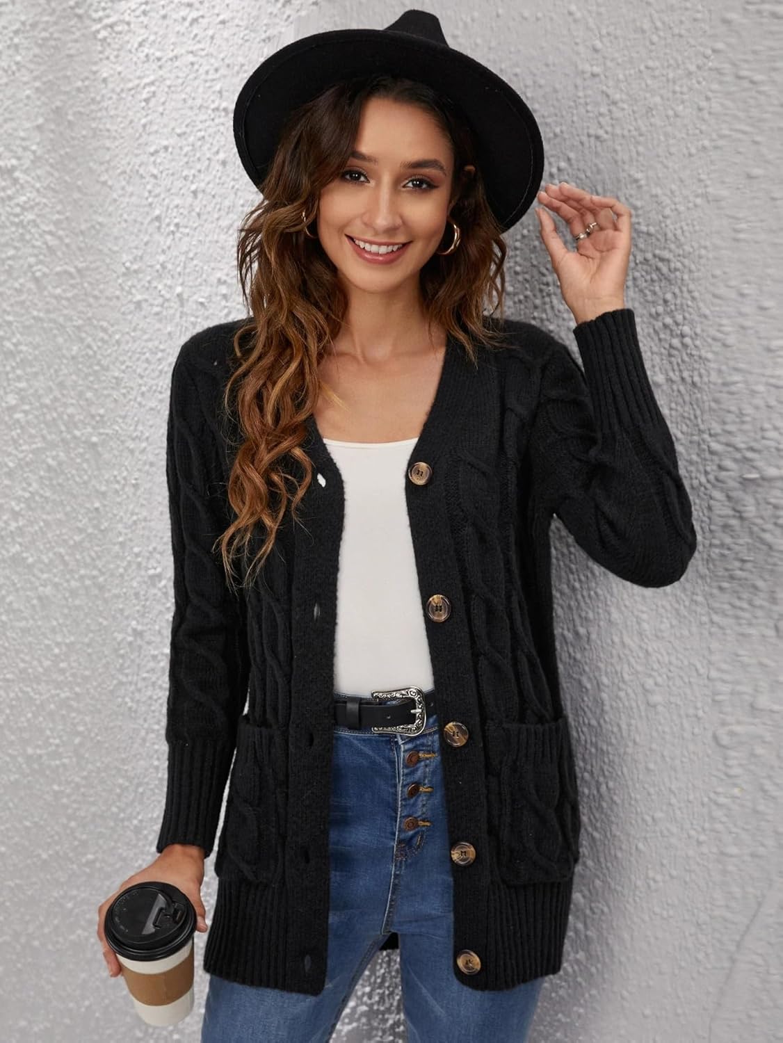 Women's Trench Coat Knit Double Pocket Button Front Cardigan Long Sleeve V Neck Classic Overcoat