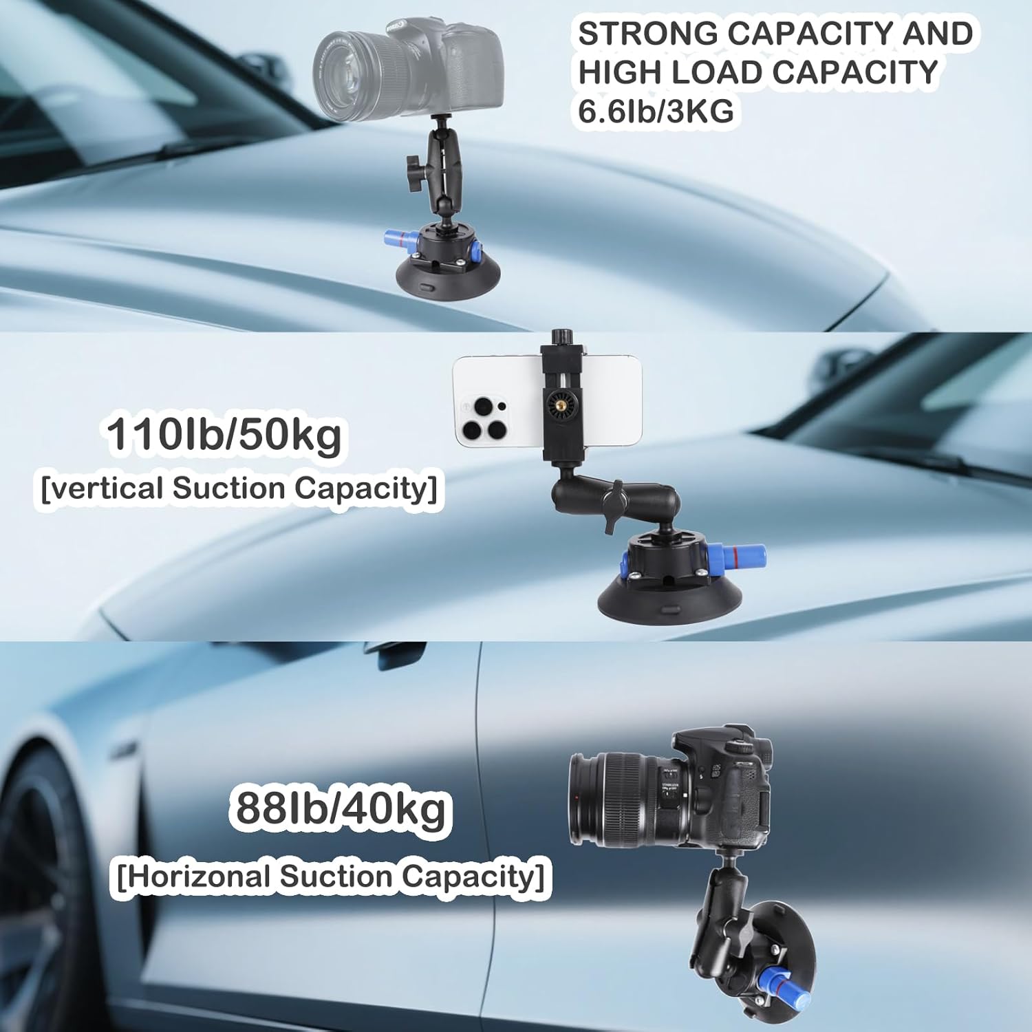 PellKing Camera Vacuum Suction Cup Mount Compatible with Insta360 X5/X4/X3,GoPro Series and DSLR Camera,iPhone 16/15/14/13/12 Series,3.94” Double Ball Head Magic Arm 4.5" Air Pump Vacuum Suction Cup