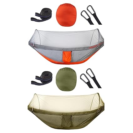 CALANDIS Camping Hammock with Mosquito Net Hanging Bed Beach Folding Hammock Portable Orange Gray | 1 Camping Hammock 2 D Buckles 2 Loop Belts 1 Carrying Bag