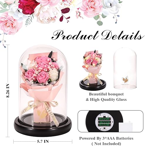 Miniatura 6 de Regalos para mamá para el día de la madre, rosas brillantes, regalos para ella, rosa iluminada en cúpula de cristal, 2 modos de iluminación, rosa