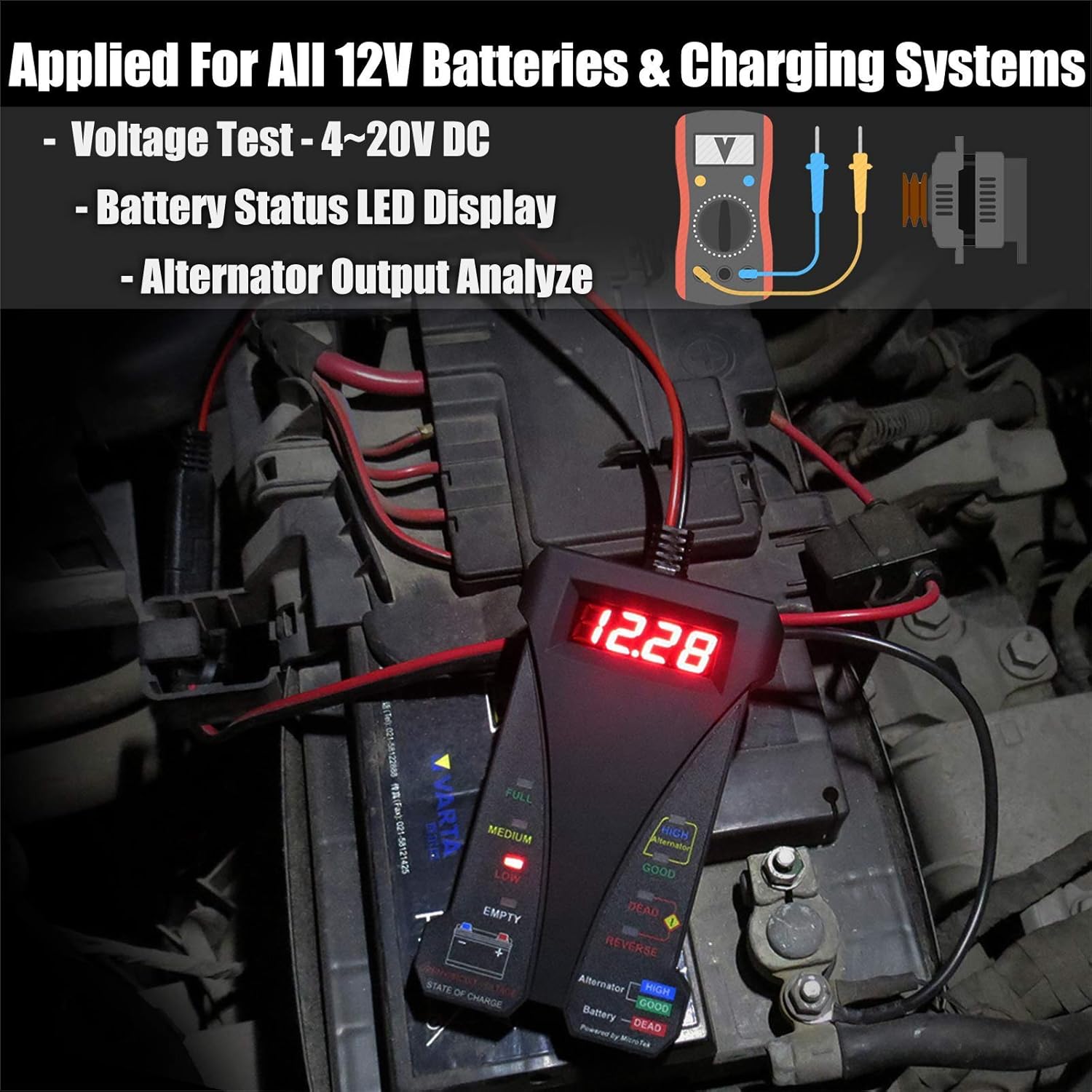 MOTOPOWER MP0514A 12V Battery Tester with MP69033 Car OBD2 Code Reader Scanner