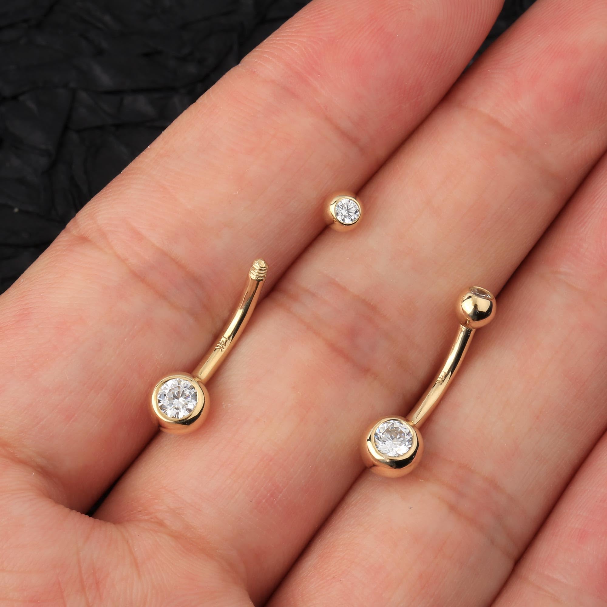 OUFER Body Piercing Belly Button Piercing 14k Solid Gold Belly Bars Clear Round CZ Inlaid Navel Bar Navel Ring Body Jewellery