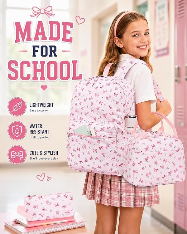 CAMTOP Girls Backpack with Lunch Box Set, Cute Bow School Backpack for Kids, 3-in-1 Lightweight Lunch Bag and Pencil Pouch, Stylish Bookbag for Elementary School and Travel by CAMTOP - Used condition - US$29.46