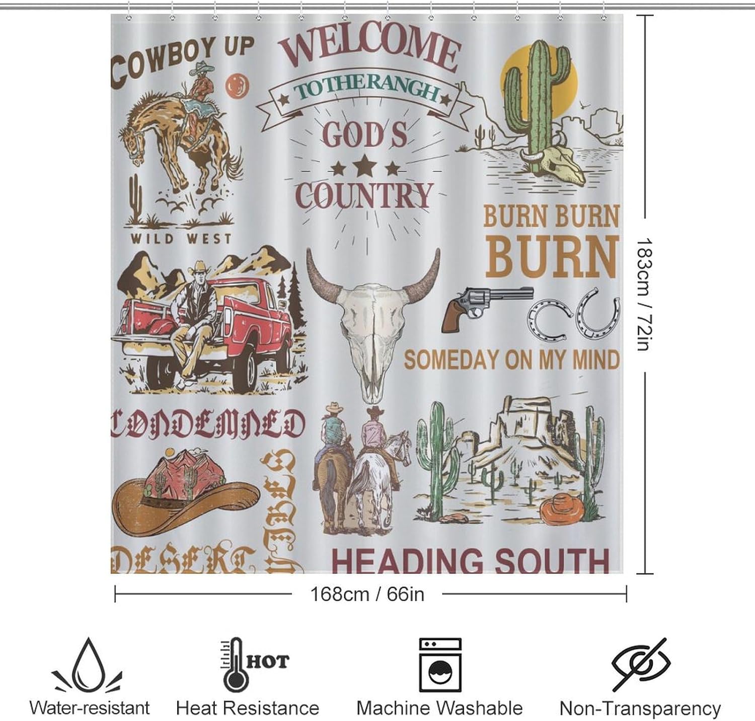 Cowboy Shower Curtain,Rustic Western Cowboy Riding Horse Cactus Truck Skulls on Wild West Desrt Bathroom Polyester Cloth Fabric Home Decor Set 66x72Inch（168x183cm）
