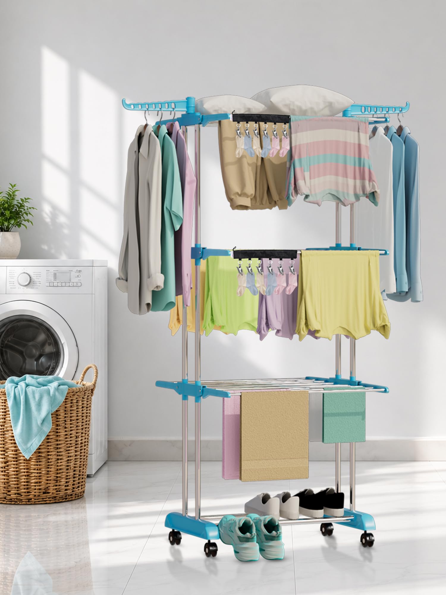 LIVINGBASICS 3 Layer Clothes Stand for Drying, Cyan Blue + 2 Icon Clips