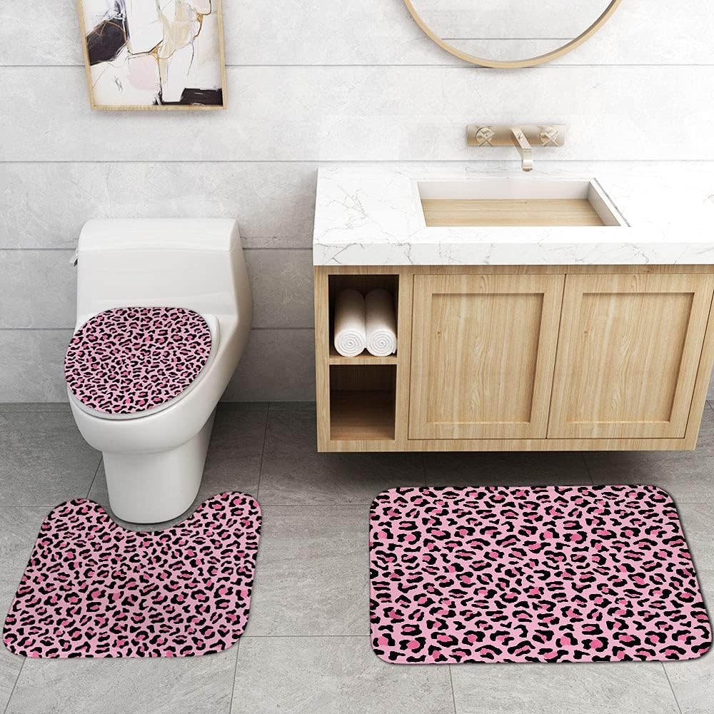 jieprom 4PCS Pink Leopard Print Shower Curtain Set with Rugs, Toilet Lid Cover and Bath Mat, Shower Curtain with 12 Hooks, Durable Shower Curtain for Bathroom Set