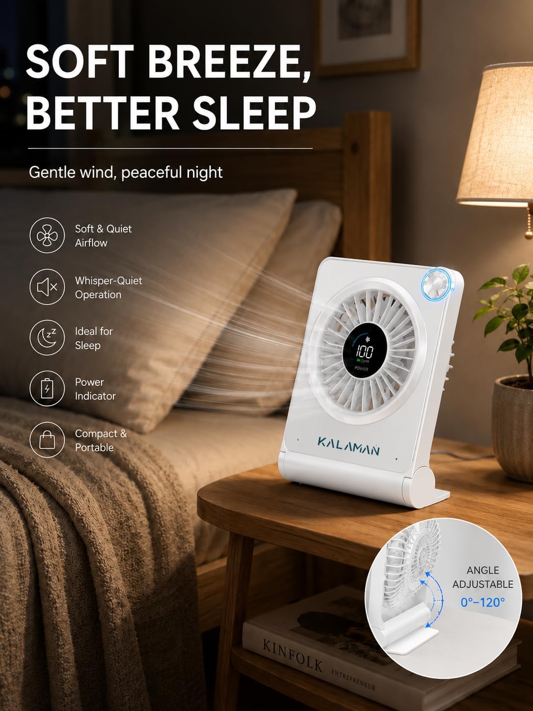 KALAMAN Portable Desk Fan, 4000mAh Quiet Table Fan with Turbo Airflow, 100-Gear Speed Digital Display & Adjustable Tilt, Rechargeable Battery Portable Fan for Home, Office, Travel (White)
