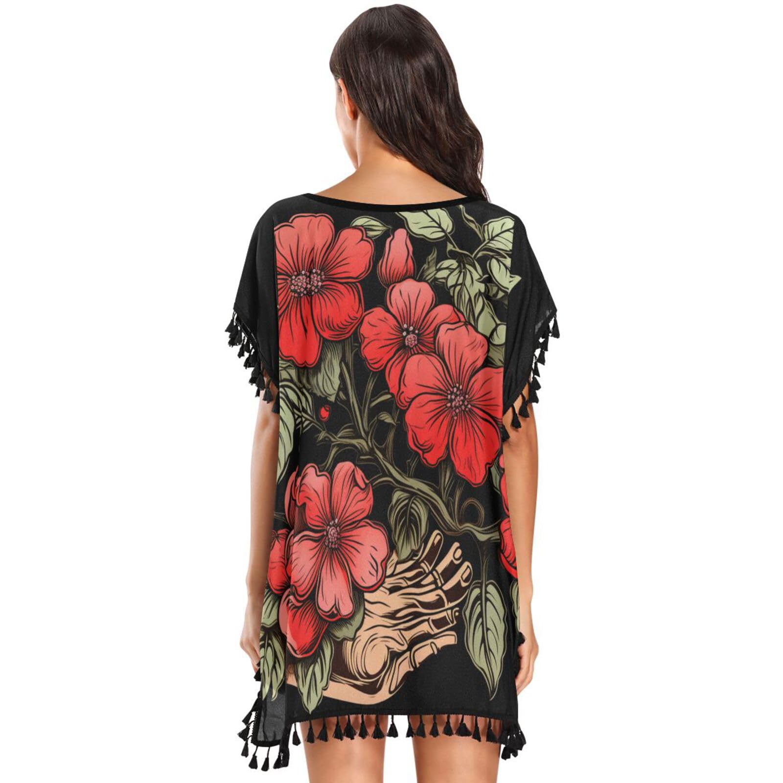 Red Jasmine Flower Black Women's Beach Cover Up Chiffon Tassel Swimwear Swimsuit Coverups for Girl
