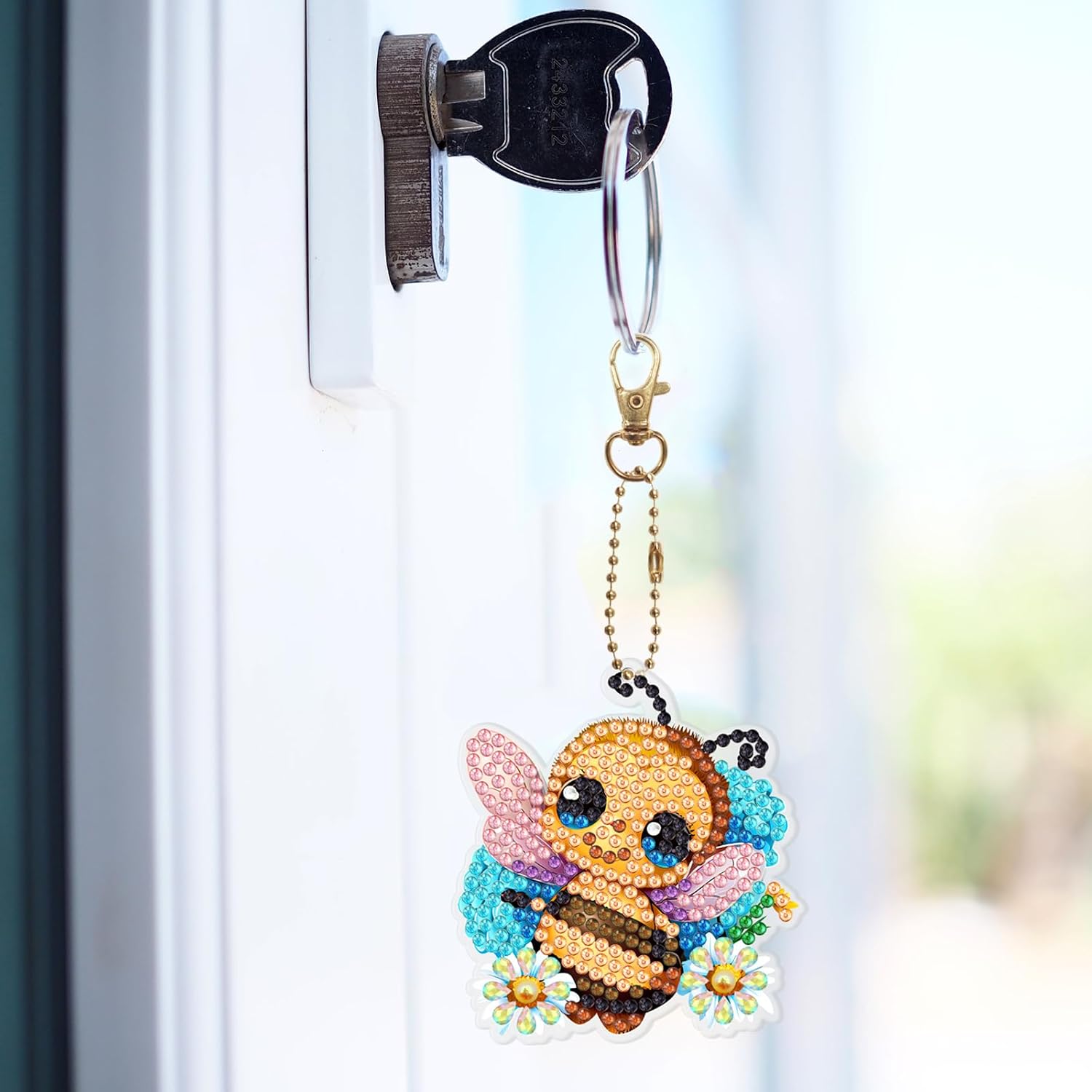 6 Pcs Diamond Art Key Chains Bees and Flowers Hanging Decorations DIY Kits 5D Small Diamond Art Painting Keychains Bee Ornaments Double Sided Beads by Number Crafts Key Ring Schoolbag Charm for image 2