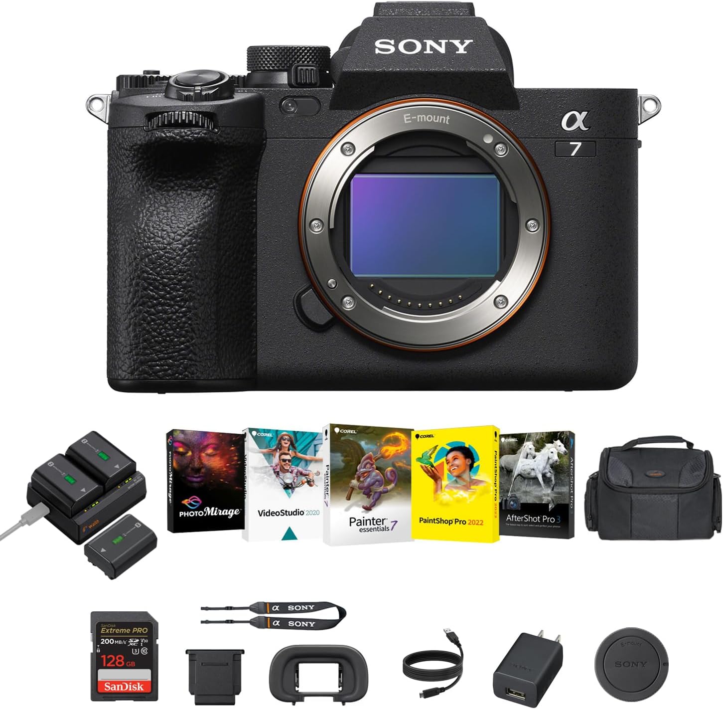 Sony a7 IV Full-Frame Mirrorless Camera (Black) - Fast Hybrid Digital Camera with Batteries & Dual Charger Kit, Corel Software Kit, 128GB SDXC Memory Card & Large DSLR Bag - Essential Bundle