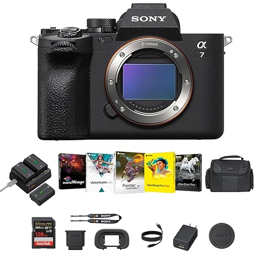 Sony a7 IV Full-Frame Mirrorless Camera (Black) - Fast Hybrid Digital Camera with Batteries & Dual Charger Kit, Corel Software Kit, 128GB SDXC Memory Card & Large DSLR Bag - Essential Bundle