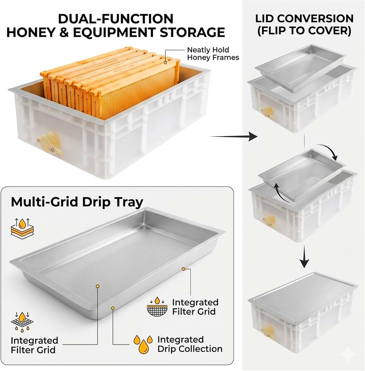 Multi-Frame Compatible Honey Uncapping Station, Large Capacity Stainless Steel Honey Collector with Easy Dispensing and Cleaning,23in