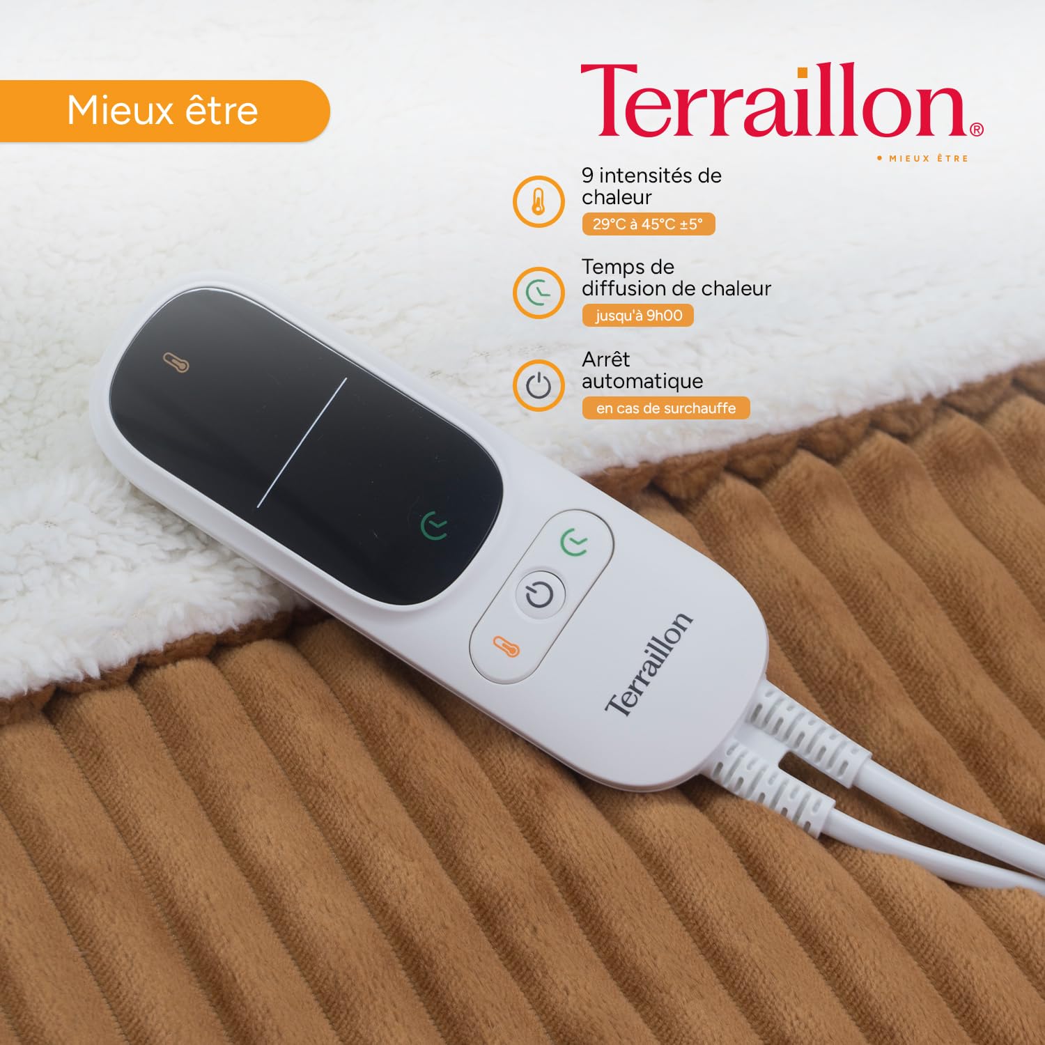 Terraillon Couverture chauffante Plaid Chauffant Sherpa 180x130 cm KOOMY | Arrêt Automatique, 9 réglages de température, Chaleur Pendant 9h, Lavable en Machine, 180x130 Cm, Sherpa et Flanelle