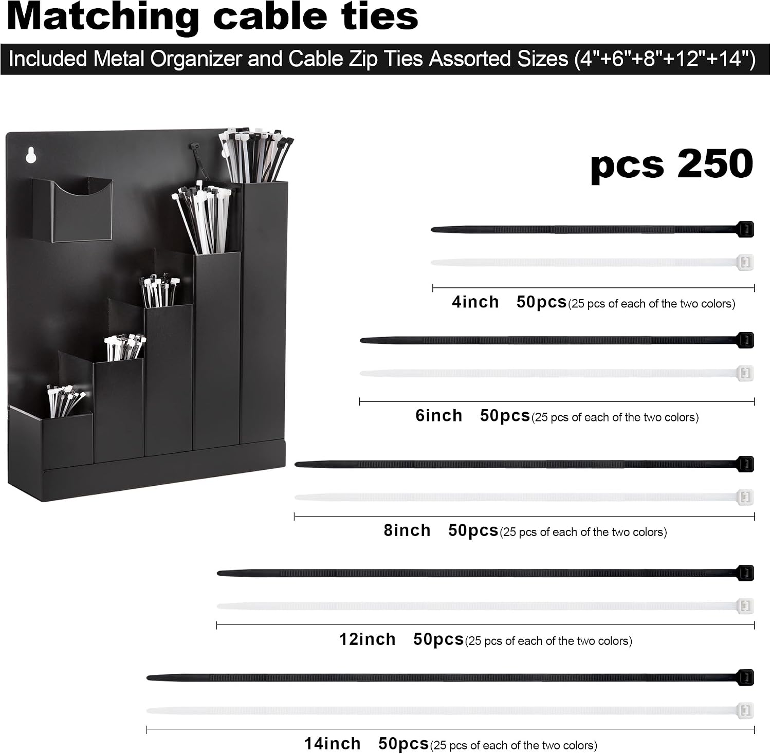 Cable Tie Holder, Wall Mount Zip Tie Storage Rack Organizer for Workshop | with 250 Zip Ties, Fit Various Lengths Zip Tie