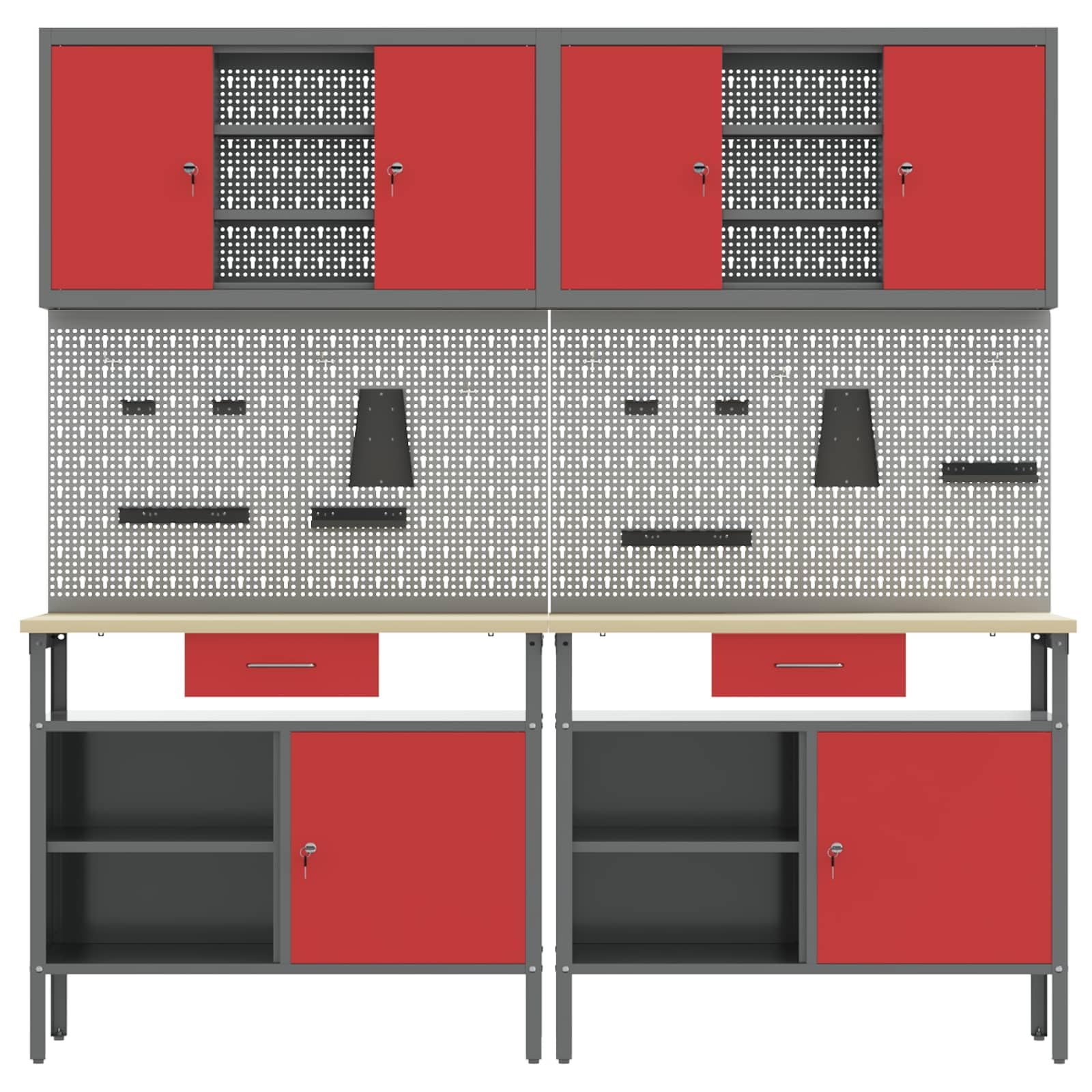 Ensemble d'établi 8 pièces en acier revêtu par pulvérisation rouge et gris avec étagères en métal, 200 x 55 x 200 cm, idéal pour atelier, garage, salle de loisirs