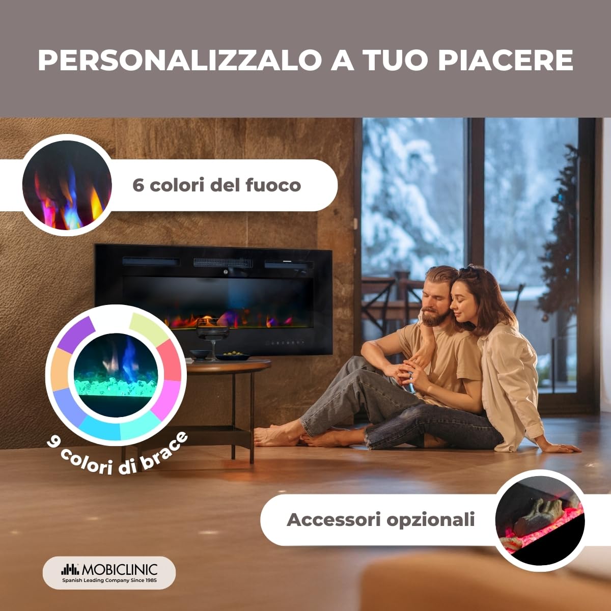 Mobiclinic®, Camino elettrico da parete, 900/1800w, Telecomando e funzione wifi app, Protezione contro il surriscaldamento, 15 colori variabili, Timer, Fury, Per ambienti a partire 25 m2