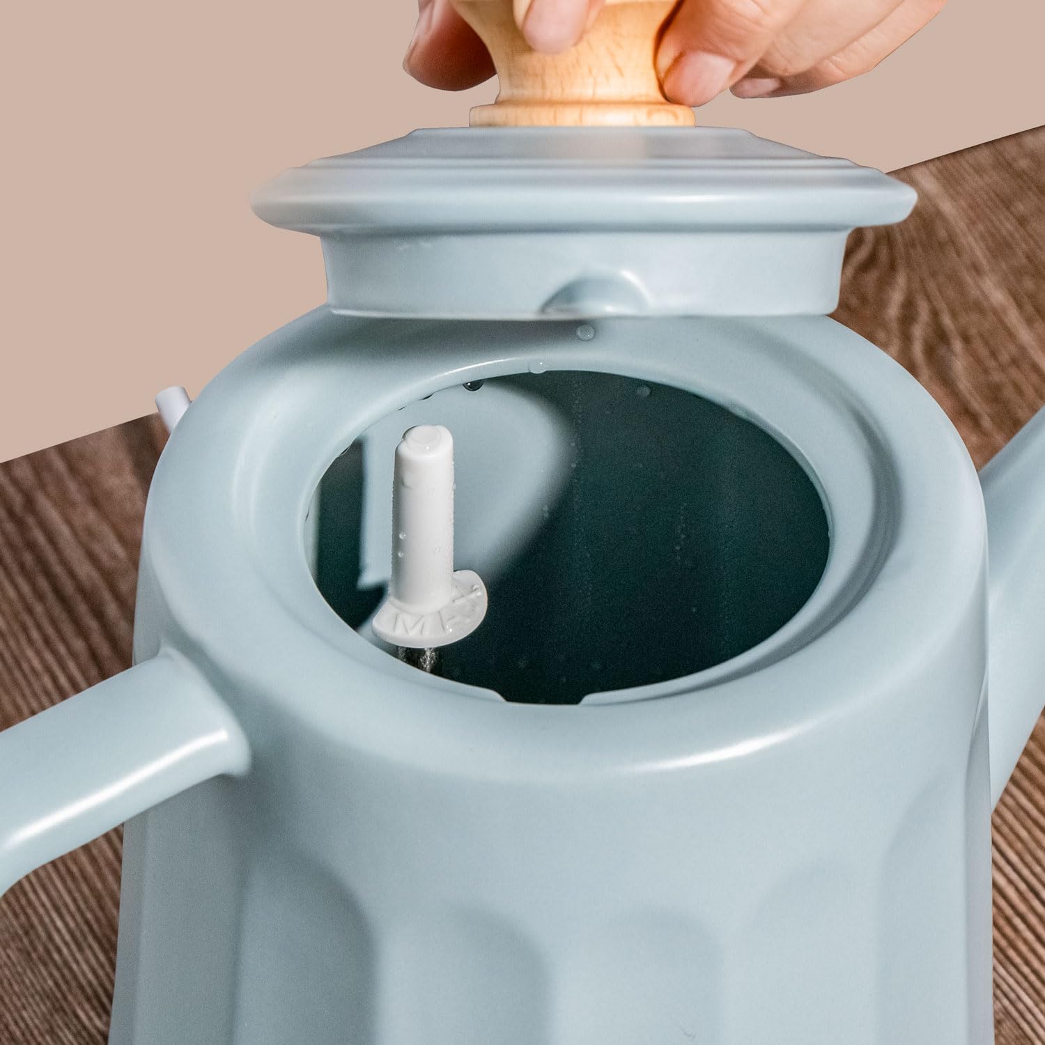 Elektrischer Wasserkocher aus Keramik, 1,5 Liter, abnehmbarer Deckel, Grau-Blau Modernes Design Harmonie, Teakettle ceramic 1500 W, grey, Deckel-Holzgriff,drehbare Basis, Öko-Design