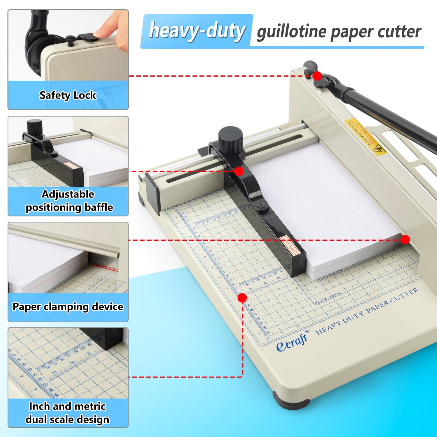 Ecraft Taglierina a ghigliottina resistente da 30,5 cm, capacità 400 fogli, in acciaio massiccio con lama HSS, taglierino industriale commerciale per ufficio, scuola, stamperia, blocco di sicurezza e