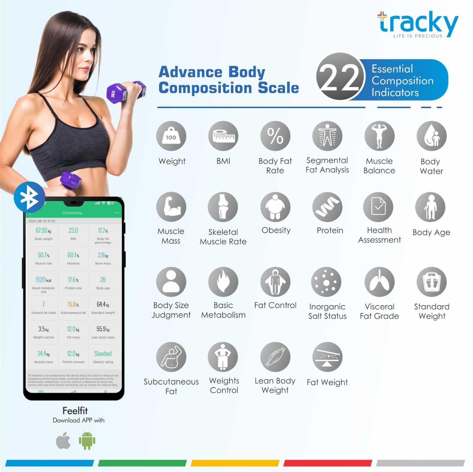 Tracky Advance Body Composition Analysis machines with 8 Electrodes - Smart Monitor Body Composition Scale with 22 Essential Parameters for Weight Loss, Fat Analyzer & Segment Analysis,1 year warranty 1