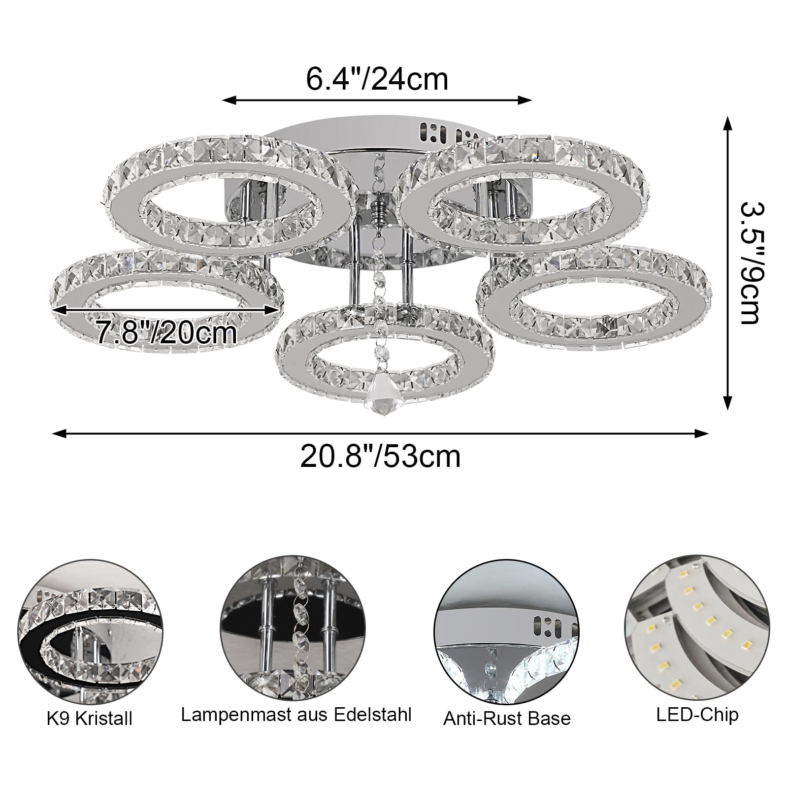 VETRULUS Moderne Kristall-LED-Deckenleuchte – Dimmbare halbflächenbündige Kristall-Lüster für Wohnzimmer – 5-Ring-Deckenleuchte für Schlafzimmer, Küche, LED-Kronleuchter