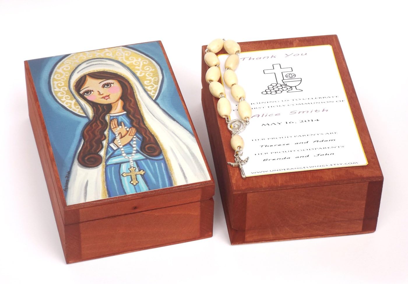 Virgin Mary Rosary favor Rosary box Girl first communion favors girl First communion gift girl Our Lady box Thank you favor Girl first holy communion favor girl Wooden box Personalized keepsake box