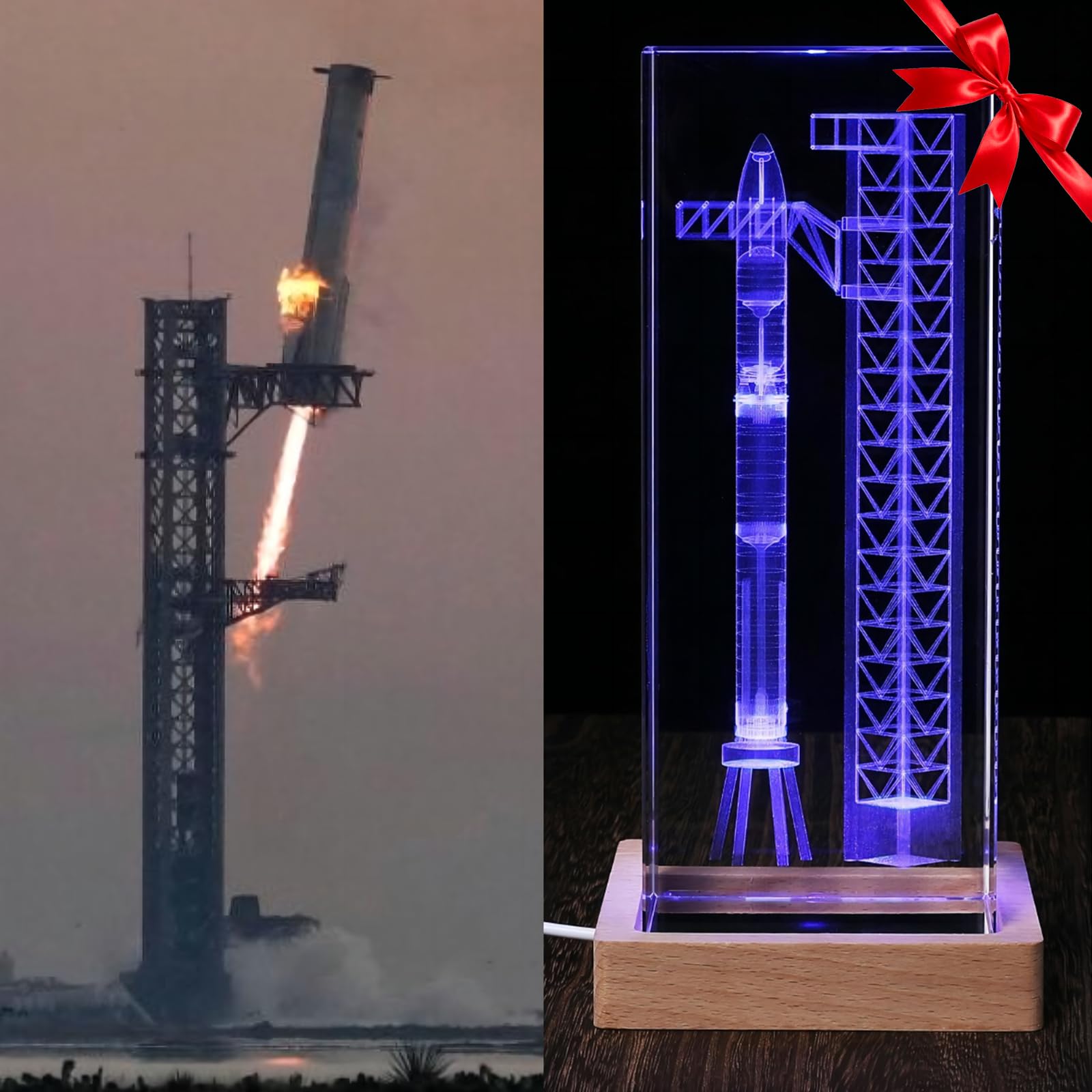 SpaceX Starship Collector's Crystal Lamp, 3D Laser-Etched Rocket