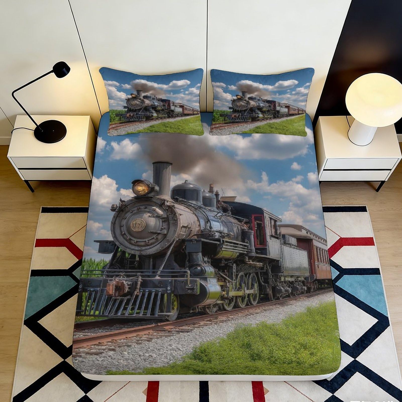 Pnayamiorkfel Style-6 3D Printed Steam Train Fitted Sheet Microfiber Durable Mattress Cover For Bedroom Dorm Youth Protection Decor 90X200x25cm