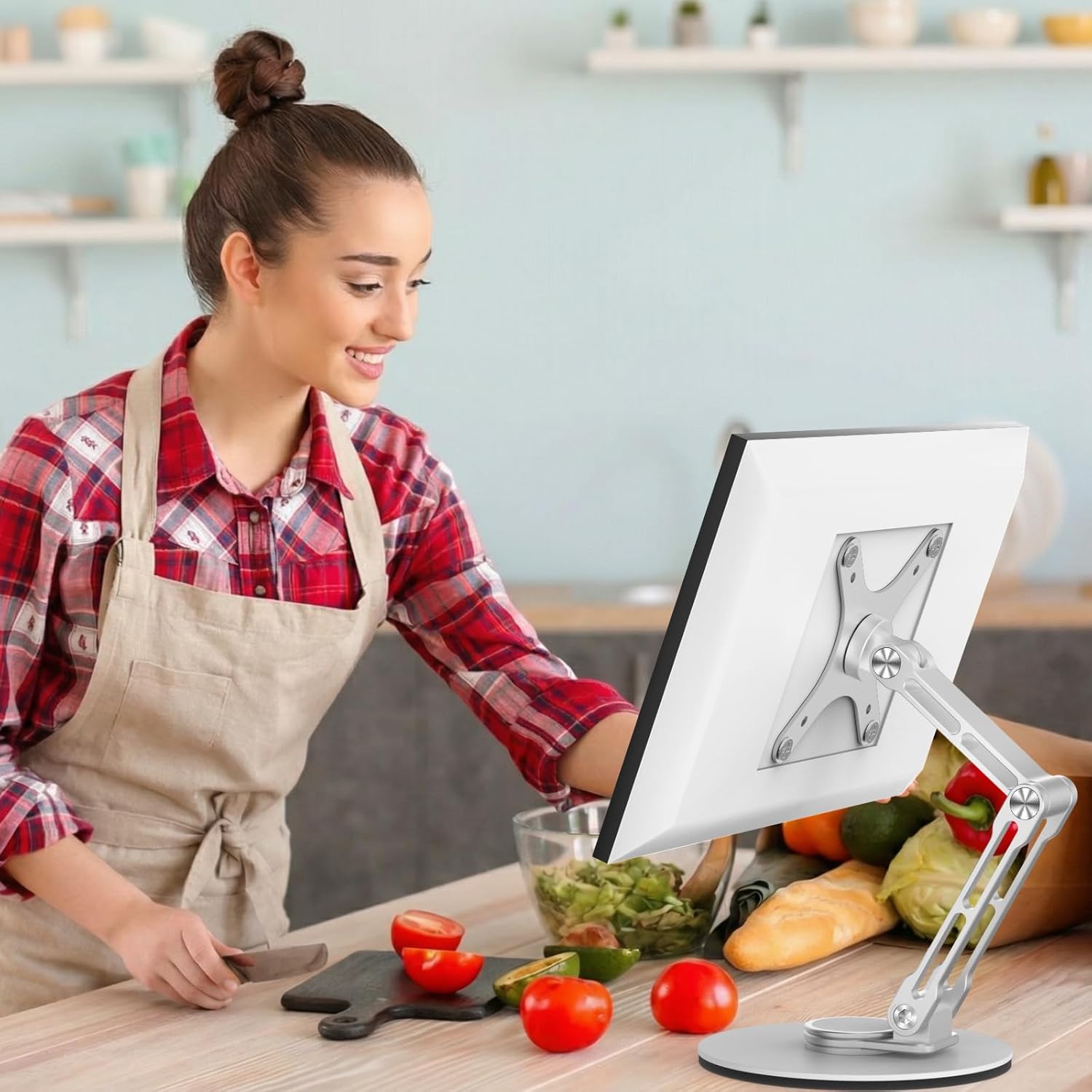 Swivel and Tilt Stand for Echo Show 15 (Gen 1, Gen 2), Portable Monitor Stand, Adjustable Angle and Height with 360° Rotation Bases, Switching Between Landscape and Portrait Screens (Silver)