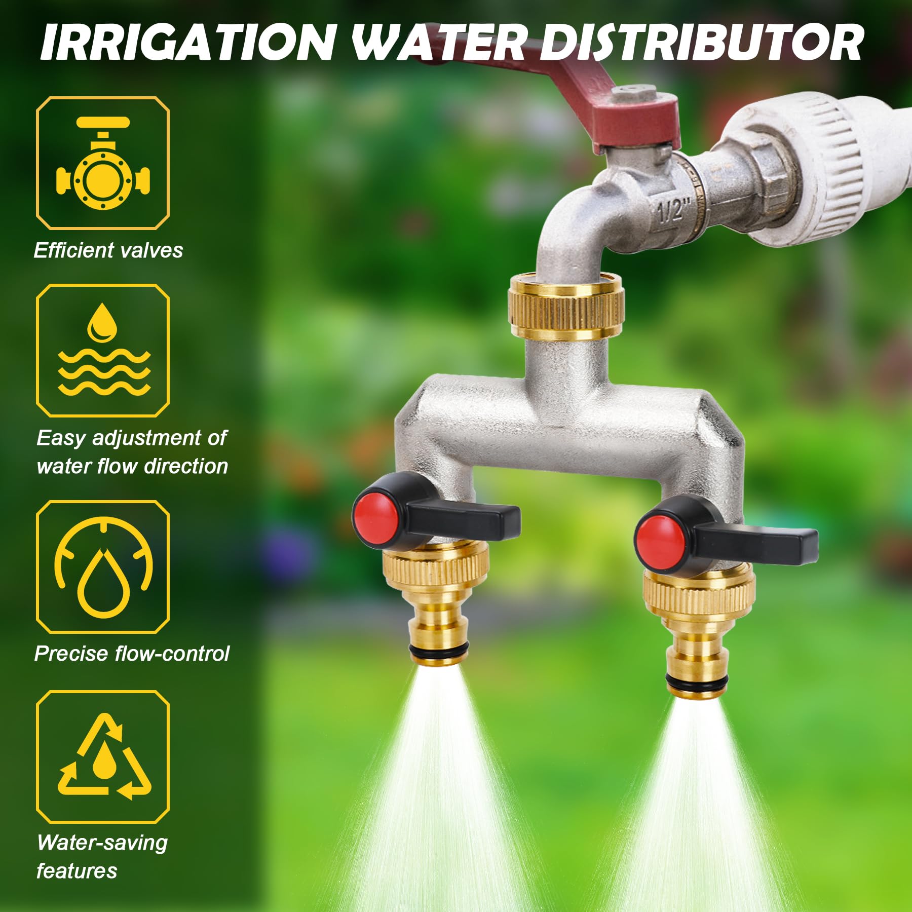 VAYALT 2-Wege Wasserhahn Wasserverteiler, Verteiler Wasser 3/4 Zoll Messing Wasseranschluss Verteile, Gartenschläuche mit 3/4" Adapter (Long Handle)
