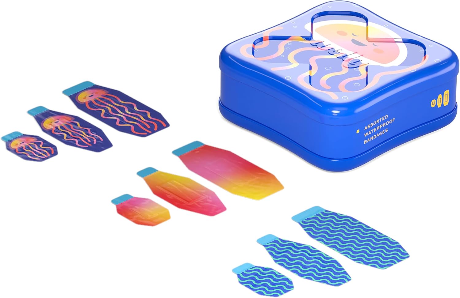 Welly Bandages - Waterproof | Adhesive Flexible Fabric Bravery Badges | Assorted Shapes for Minor Cuts, Scrapes, and Wounds | Colorful and Fun First Aid Tin | Jellyfish Patterns - 39 Count : Baby