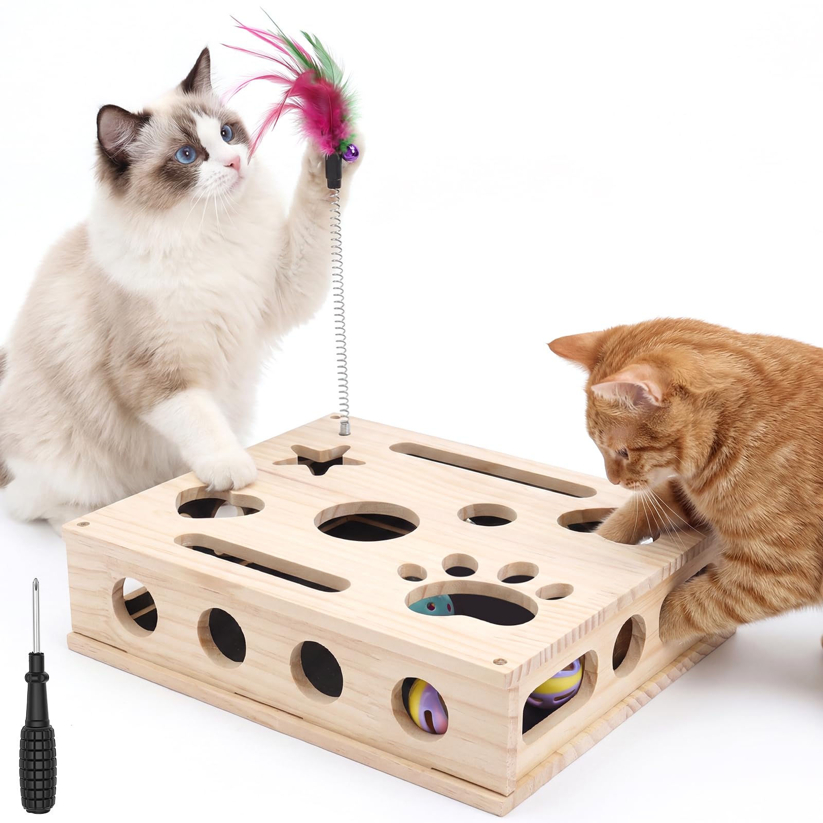 Wooden Cat Scratch Puzzle Enrichment Box, Interactive Kitten Nail File Toy & Treat Maze, Natural Wood Foraging Box for Indoor Cats with Sandpaper Interior & Teaser Wand Accessory(Natural Wood Finish) — image 1