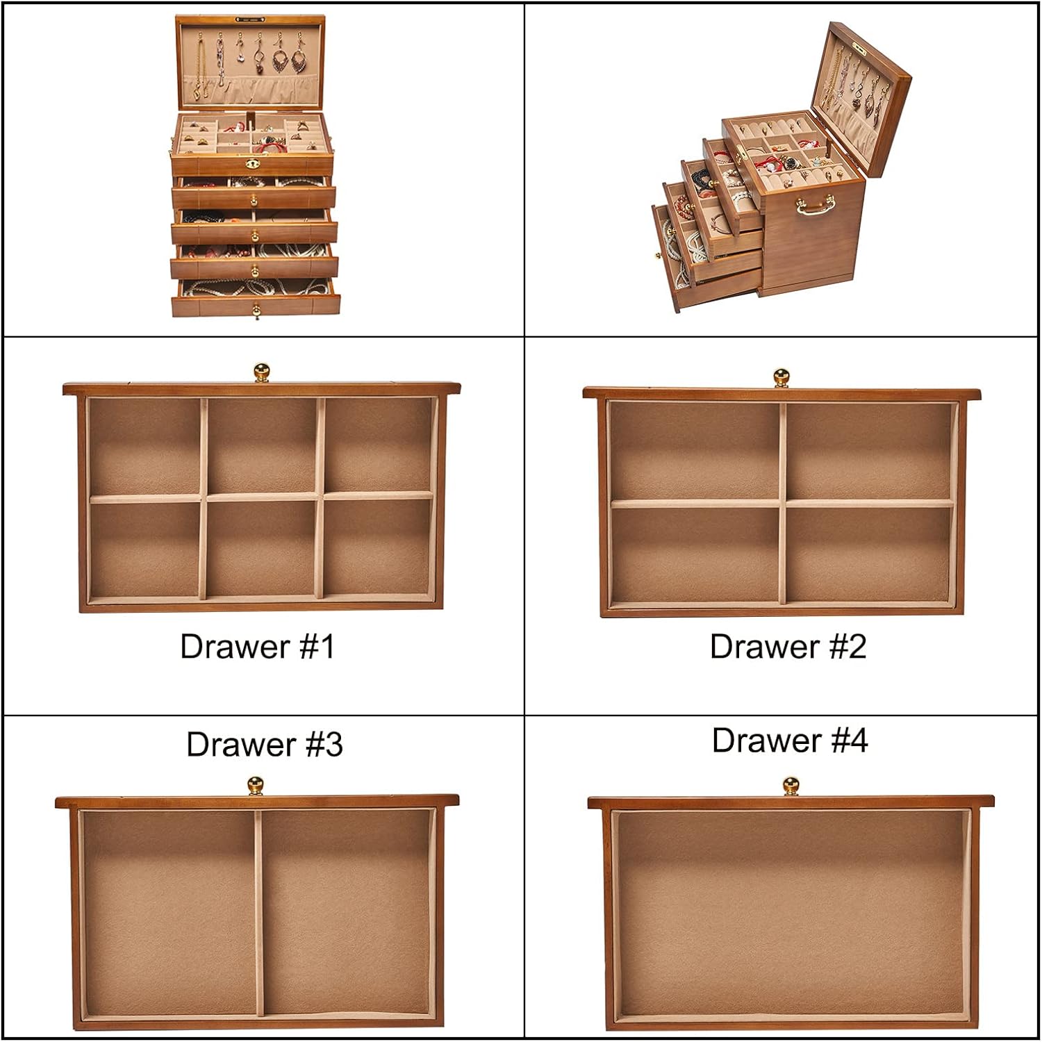 Changsuo Wooden Jewelry Box for Women, Organizer Box of Solild Wood with Combo Lock for Jewelries, Watches, Necklace, Ring, Storage Box (Light Brown)