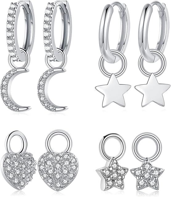 CERSLIMO Silver Dangle Hoop Earrings for Womens Girls - 2 Pairs Silver Earrings & 4 Pairs Silver Dangle Pendants | S925 Sterling Silver Earrings With Dangle Drop Cubic Zirconia Earrings Set