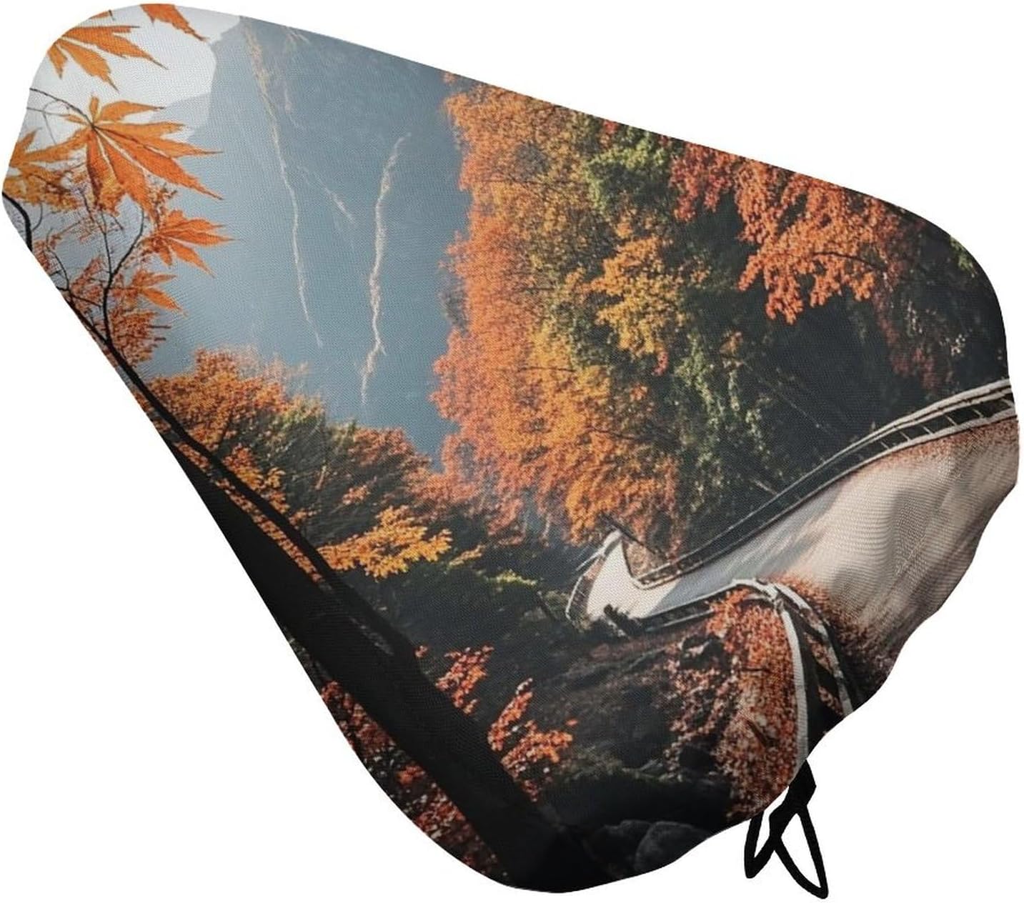 Maple Forest Path Bike Seat Cover Water-Repellent Exercise Bike Seat Cushion Bicycle Saddle Cover with Drawstring Rain Snow Dust Covers for City Mountain Road Biking
